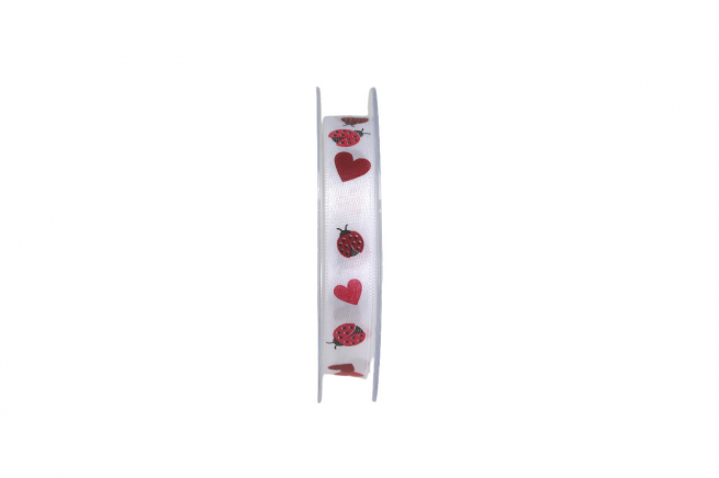 Rotolo nastro "Ladybugs" bianco con cuori e coccinelle rossi, altezza 15 mm, lunghezza 20 metri