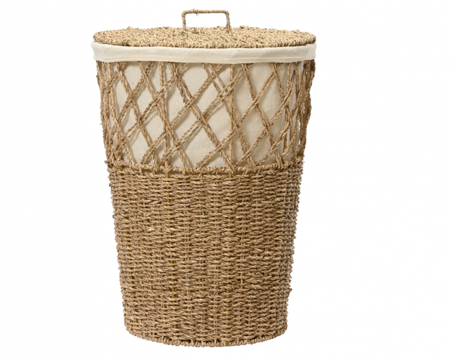 Cesto in vimini svasato con coperchio e fodera in cotone, altezza 52 cm