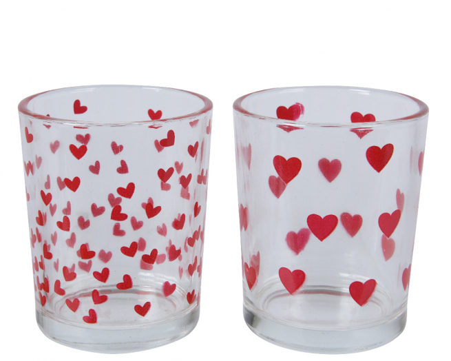 Porta tea-light in vetro trasparente con cuori, altezza 6.5 cm, modelli assortiti
