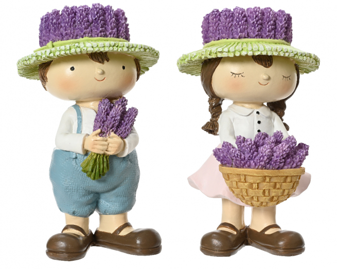 Figura in poliresina con lavanda, altezza 15.5 cm, soggetti assortiti