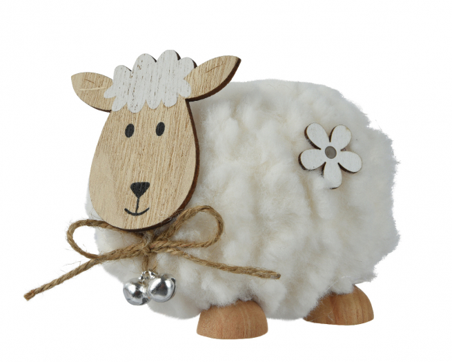Pecora in tessuto bianco e legno, lunghezza 11 cm