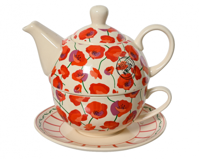 Tazza e teiera in porcellana con papaveri, altezza 12 cm