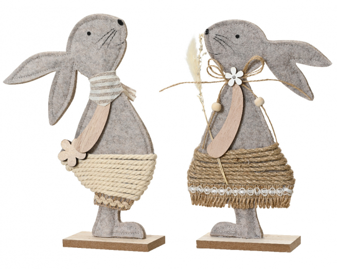 Coniglietto in feltro grigio e juta su base, altezza 35 cm, soggetti assortiti