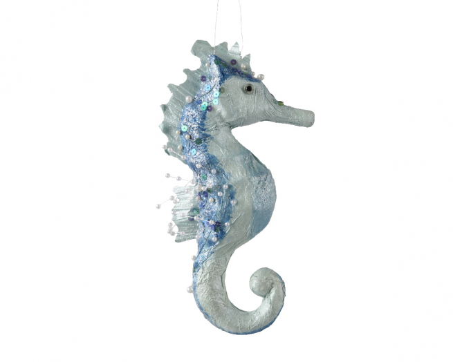 Cavalluccio marino in foam da appendere con paillettes perline e glitter blu, altezza 25 cm