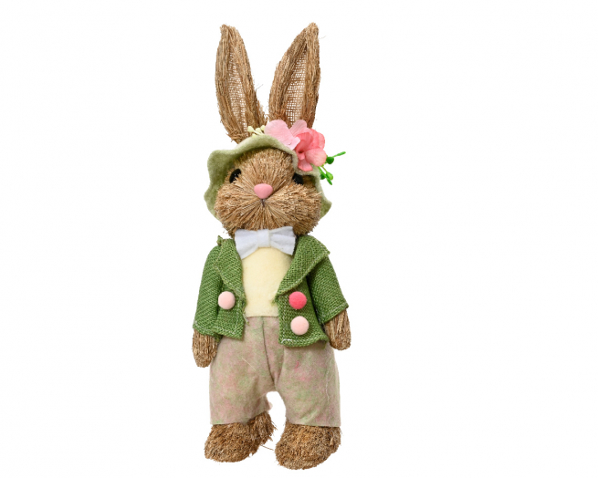 Coniglio in paglia con giacca verde, altezza 33 cm