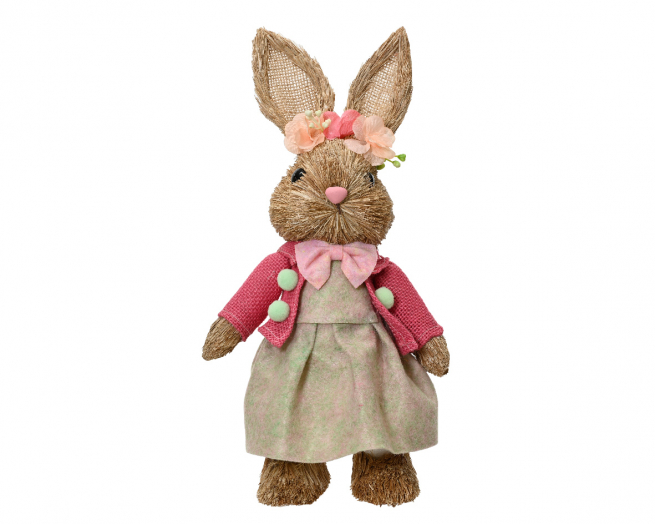 Coniglietta in paglia con giacca rosa, altezza 33 cm