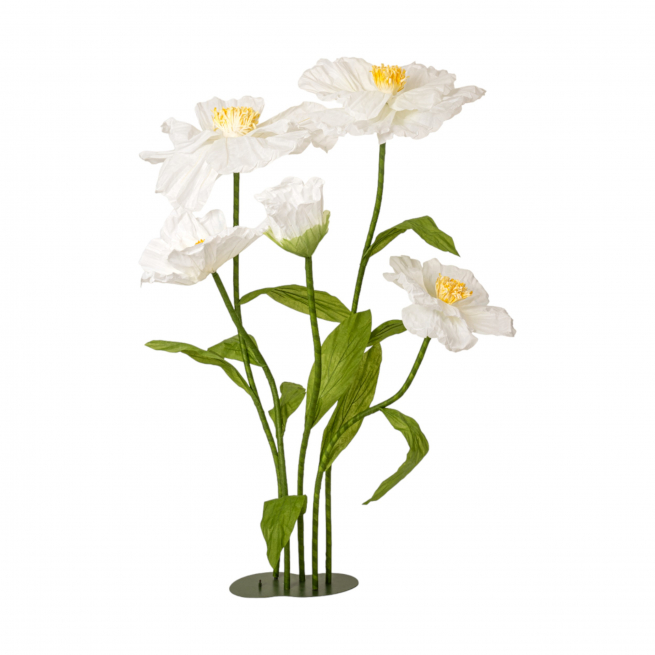 Papaveri in TNT impermeabile bianco in gruppo da 5 fiori su base, altezza 180 cm