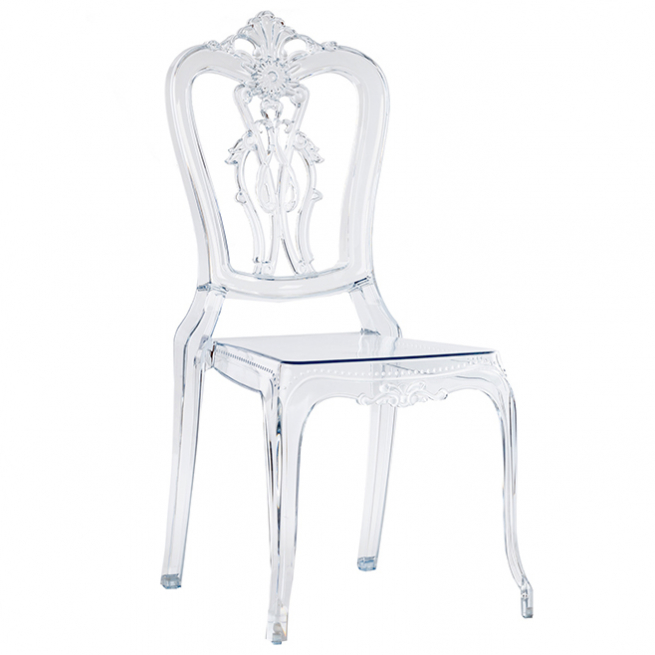 Sedia "Royal" in plexiglass trasparente con schienale decorato, altezza 100 cm