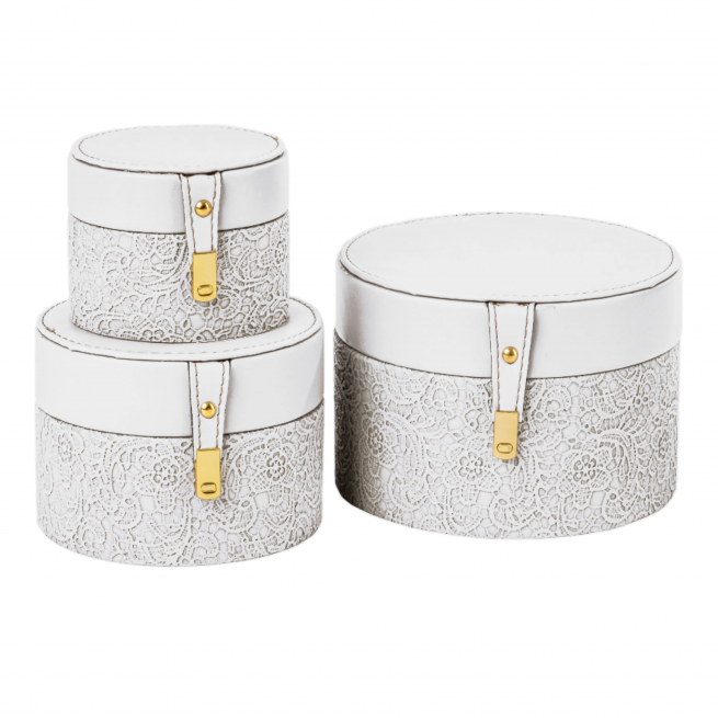 Baule tondo in tessuto bianco con effetto pizzo, varie misure