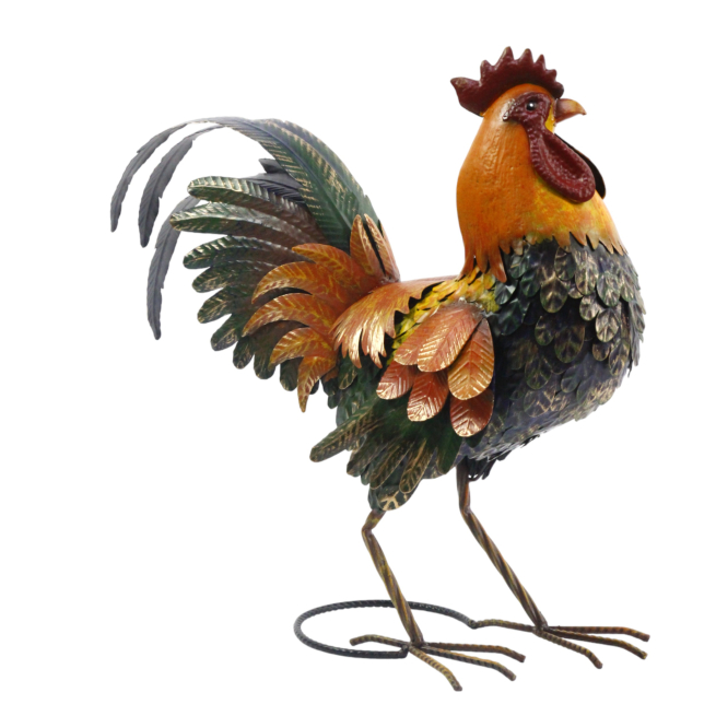 Gallo in metallo dal collo arancio, altezza 47.5 cm