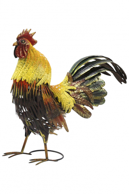 Gallo in metallo dal collo giallo con ampia coda, altezza 41 cm