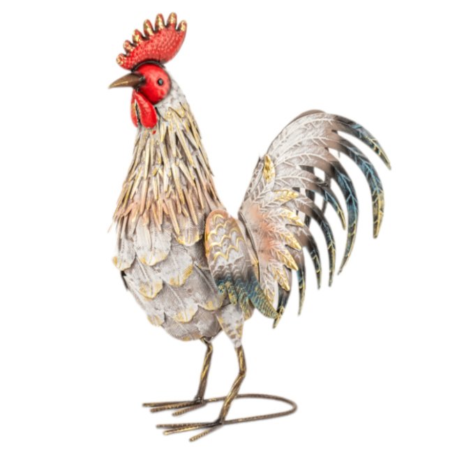 Galletto in metallo bianco con cresta, altezza 45 cm