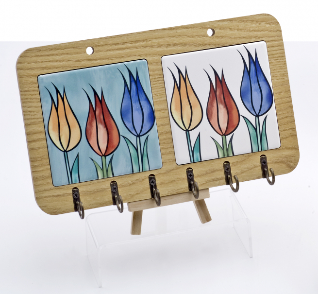 Pannello appendi chiavi con mattonelle in ceramica decoro "Tulipani", formato 23x14 cm