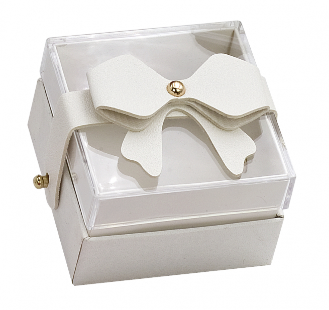 Scatolina in cartone avorio e plexiglass con fiocco, 6.8x6.8x4.6 cm