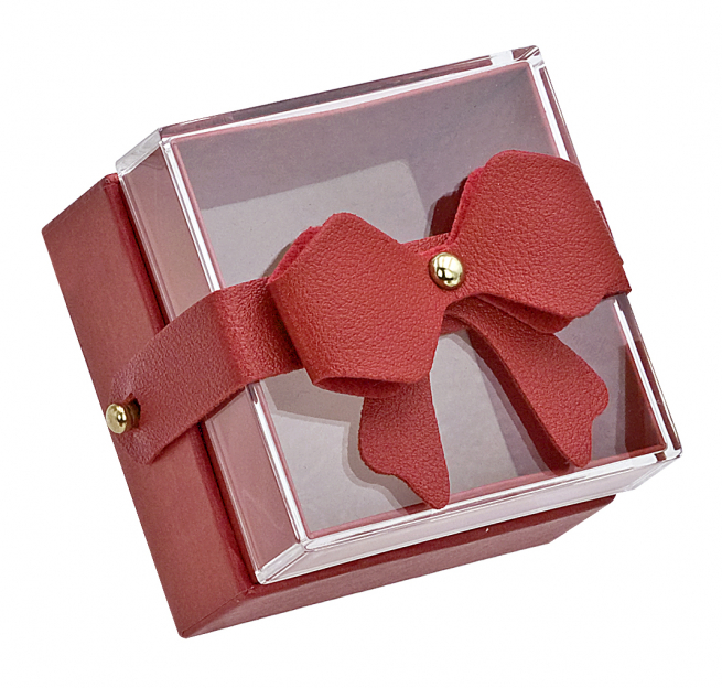 Scatolina in cartone rosso e plexiglass con fiocco, 6.8x6.8x4.6 cm