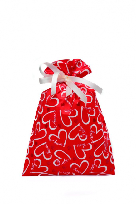 Sacchetto regalo perlato "Love Heart" fondo rosso, vari formati, confezione da 50 pezzi