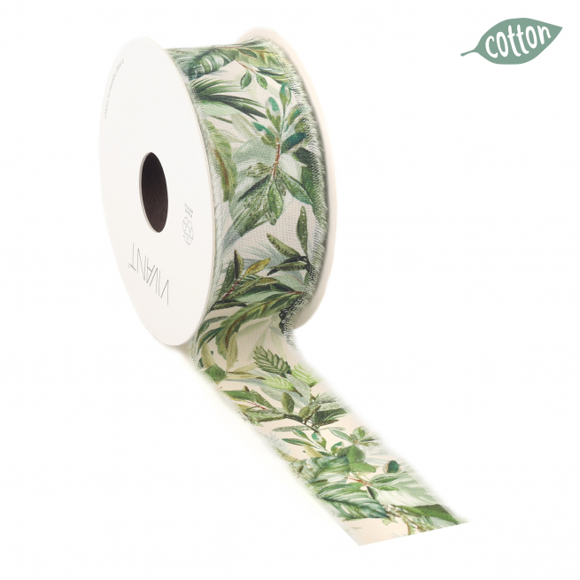 Rotolo nastro "Tropical Leaves" stampa foglie, fondo bianco, altezza 35 mm, lunghezza 10 metri