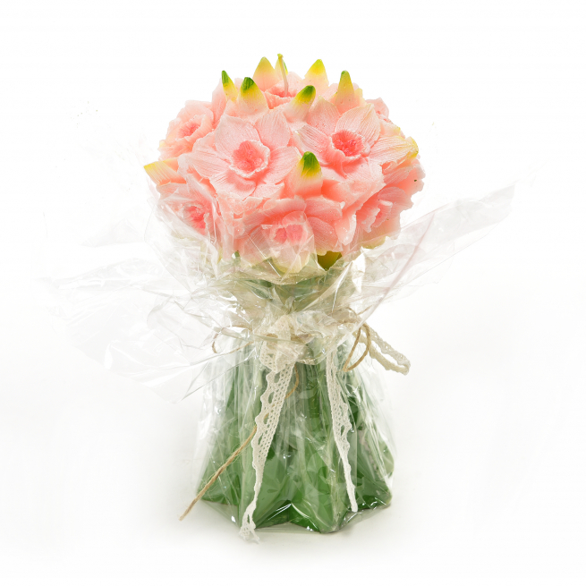 Candela a forma di bouquet con fiori rosa, altezza 23 cm