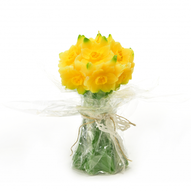 Candela a forma di bouquet con fiori gialli, altezza 23 cm