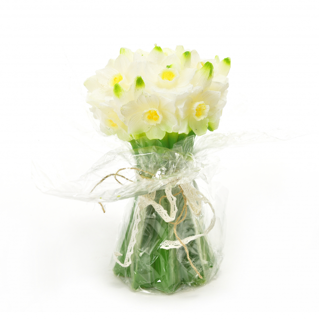 Candela a forma di bouquet con fiori bianchi, altezza 23 cm