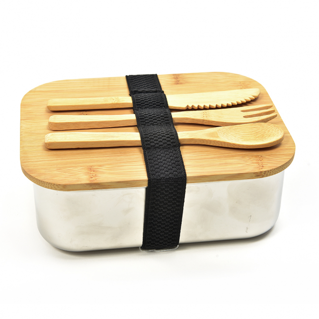 Portavivande in acciaio con coperchio e posate in bamboo, 14.3x18.4 cm, set da 5 pezzi con confezione regalo