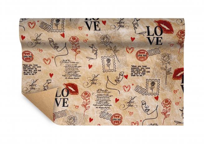 Rotolo carta regalo paper-fibra "Kiss" fondo avana, altezza 75 cm, lunghezza 9 metri