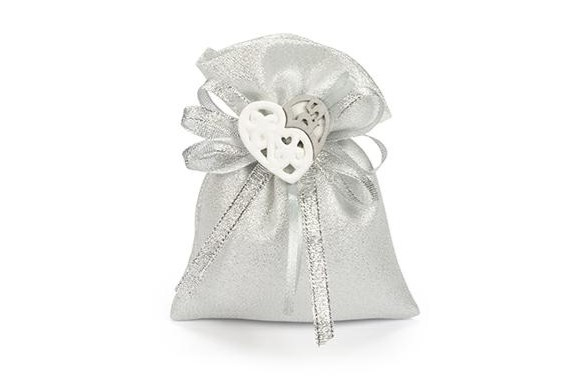 Sacchetto lamè argento con tirante e applicazione, 10x13 cm, confezione da 10 pezzi