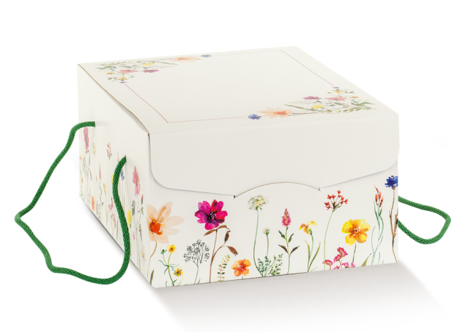 Scatola per colomba automontante con cordini, fantasia "Spring Flowers", base rettangolare, cartone da 30 pezzi