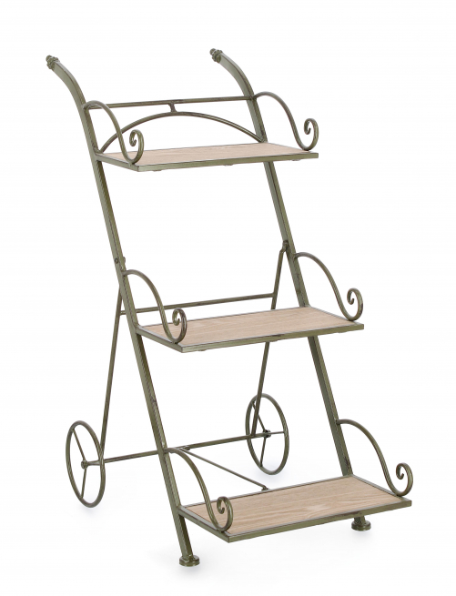 Scaffale pieghevole a 3 ripiani in acciaio verniciato verde scuro con ruote, altezza 78 cm