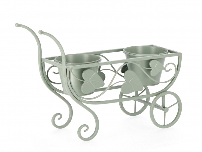 Carretto portavasi in acciaio verde salvia con ruote, lunghezza 48 cm