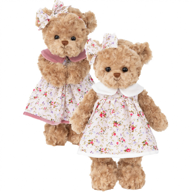 Orsa "Hanna Lucia" con vestito a fiori e colletto rosa, altezza 35 cm