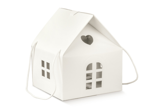 Scatola sagomata "Casetta" in cartoncino bianco con maniglia cordoncino cotone, 24.5x24.5x15 cm, confezione da 2 pezzi