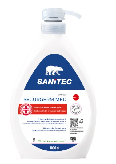Sapone liquido mani sanificante - med con 2 anti-batterici, non profumato, flacone con dosatore da 1litro