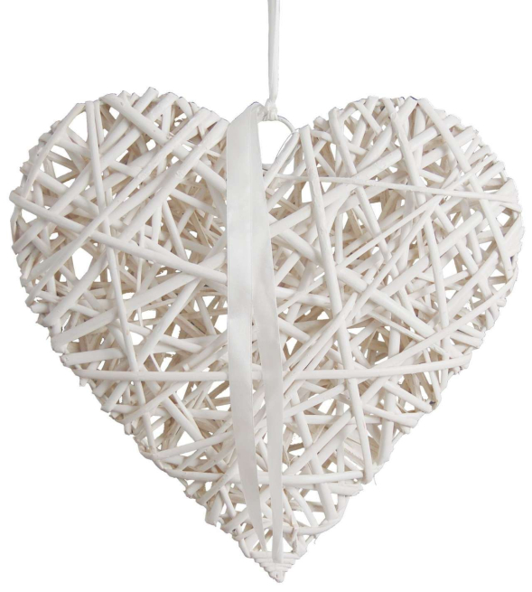 Cuore in rattan bianco da appendere, diametro 7 cm