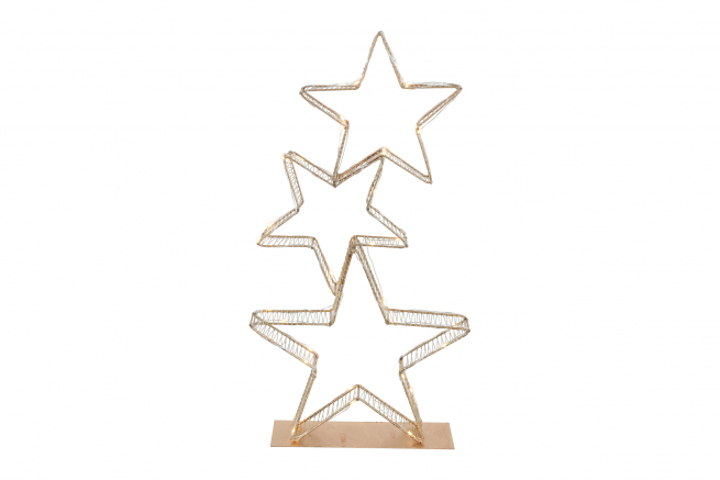 Tris di stelle in metallo oro con luci led su base, varie misure
