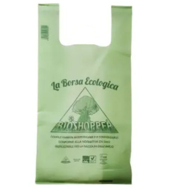 Shopper biodegradabile in mater-bi verde, formato 27+14x50cm, gr.9, cartone da 500 pezzi