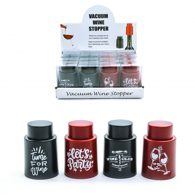 Tappo sottovuoto per vino in plastica, altezza 7 cm, soggetti assortiti, in scatola trasparente