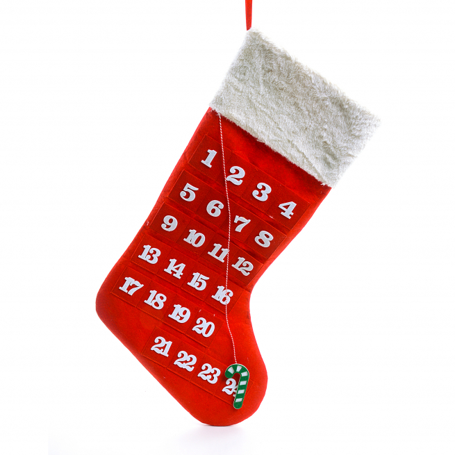 Calendario dell'Avvento in pannolenci da appendere a forma di calza, altezza 80 cm