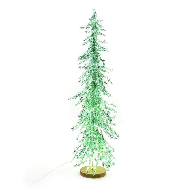 Albero in metallo e plastica verde su base con luci, varie misure