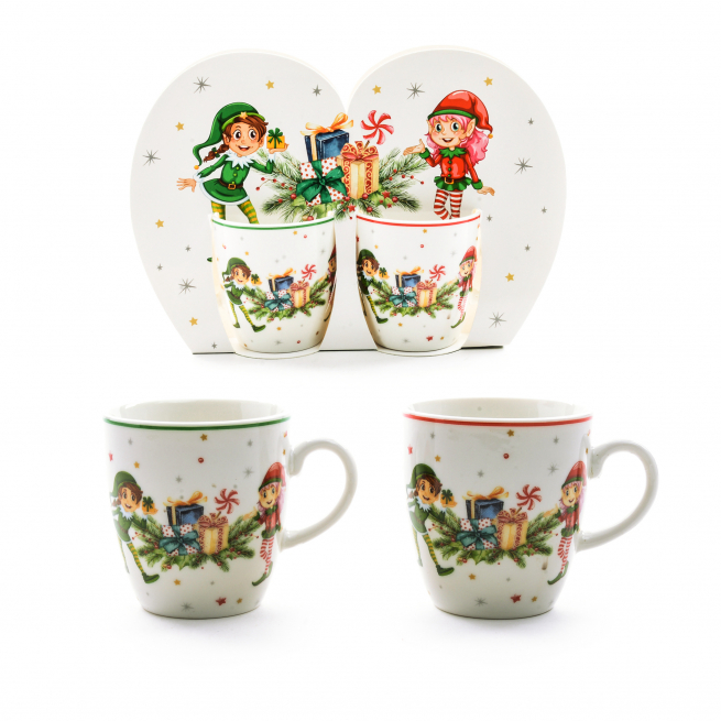 Tazzina da caffè in porcellana con elfi, altezza 6 cm, confezione regalo da 2 pezzi