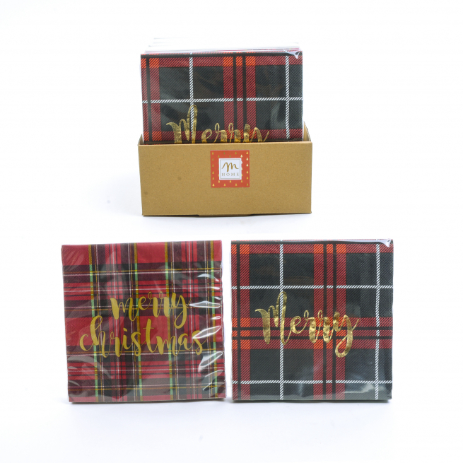 Tovagliolo in carta stampa "Tartan" 33x33 cm, confezione da 20 pezzi, soggetti assortiti