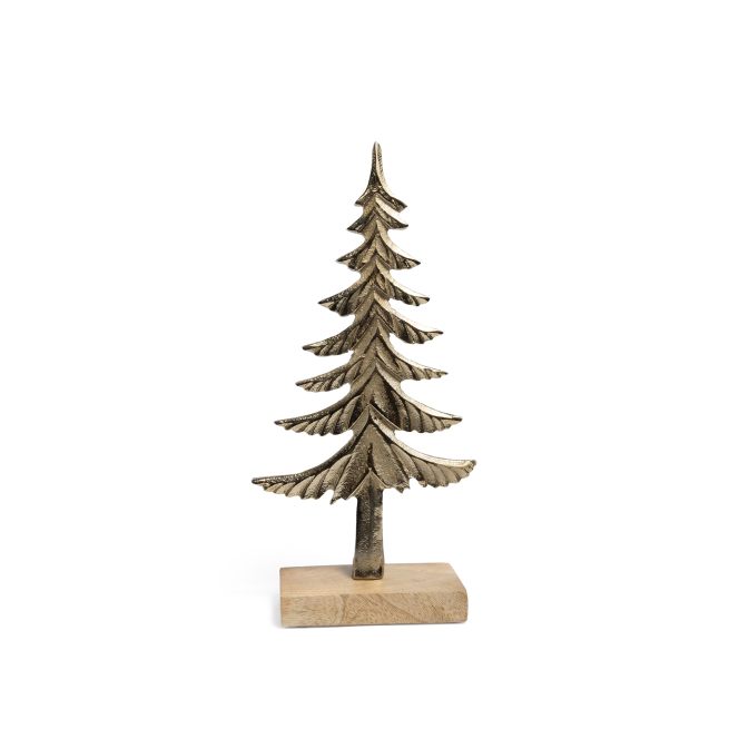 Albero di Natale in alluminio oro su base in legno, varie misure