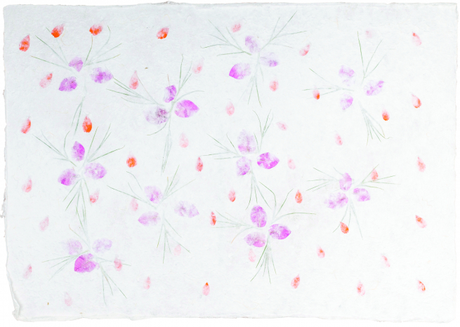 Carta Kozo floral foglie lilla e rametti fondo bianco, formato 55x80 cm, confezione da 10 fogli