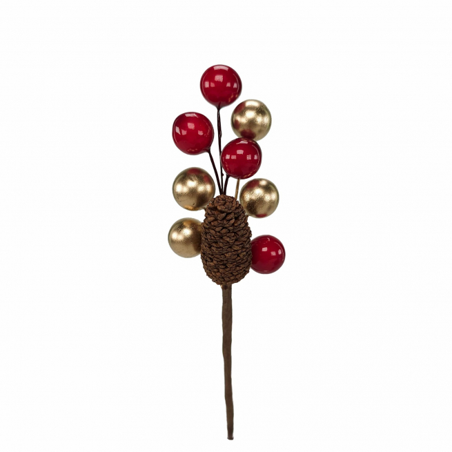Pick di bacche oro e rosse con pigna, altezza 15 cm, confezione da 10 pezzi