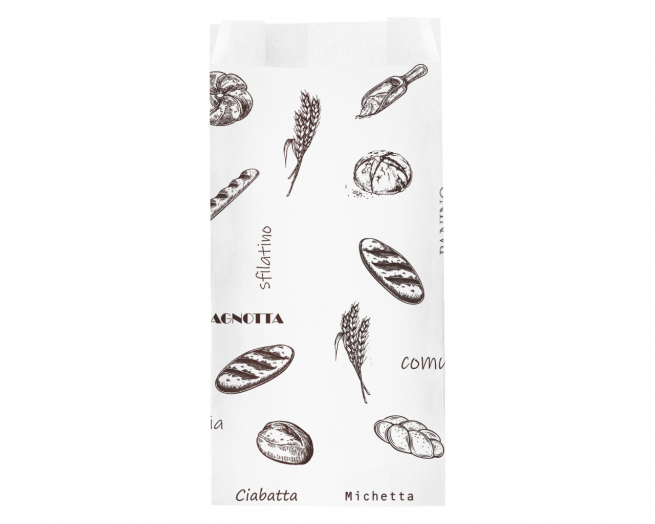 Sacchetto in carta kraft bianco 40 gr, stampa "Pane" formato 17x36 cm, cartone da 10 kg.