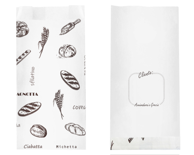 Sacchetto in carta kraft bianco 40 gr, stampa "Pane" formato 17x36 cm, cartone da 10 kg.