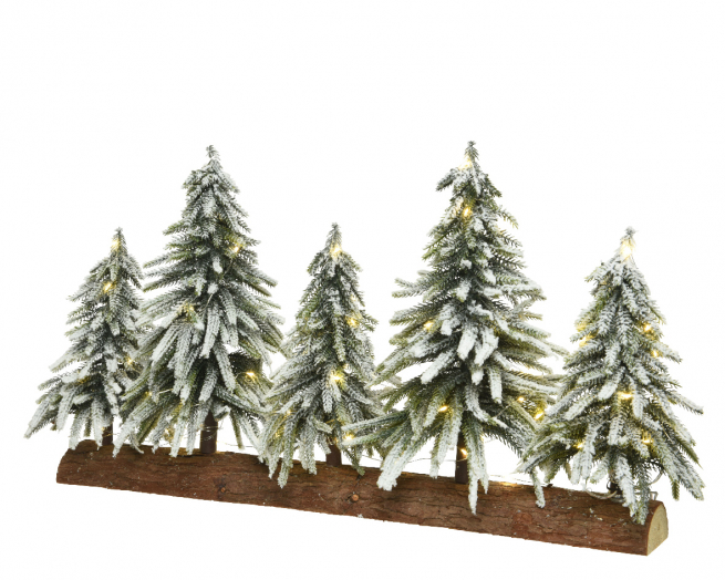 Composizione di alberi innevati su base in legno con luci led, lunghezza 65 cm