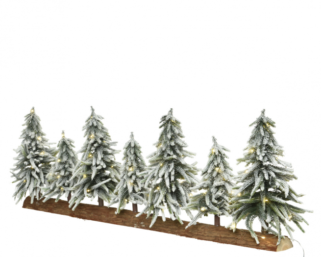 Composizione di alberi innevati su base in legno con luci led, lunghezza 105 cm