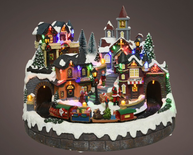 Villaggio in poliresina con led e treno in movimento, diametro 40.5 cm