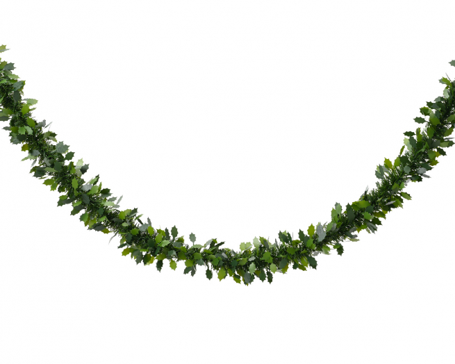 Festone in PVC verde con agrifoglio, lunghezza 270 cm, diametro 10 cm